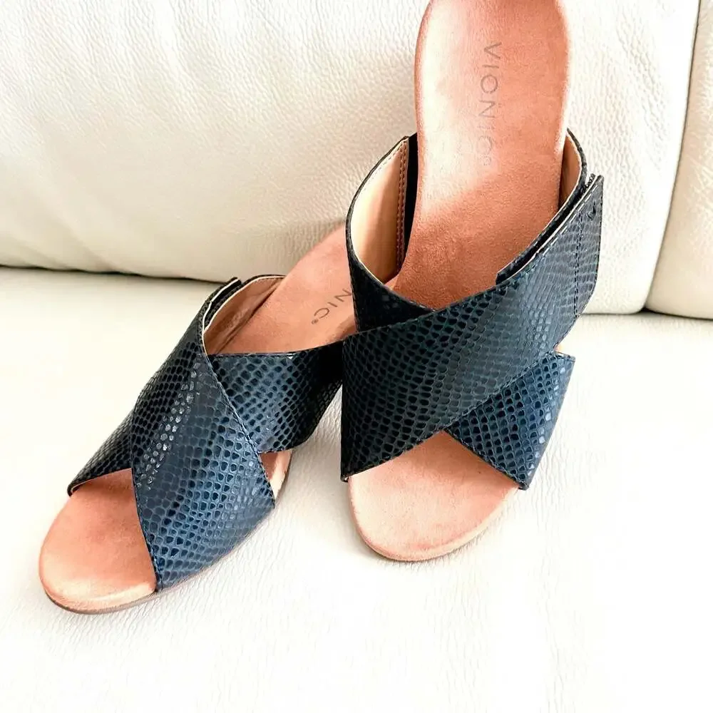 Vionic Leticia Black Lizard Embossed Cork Wedge Sandals